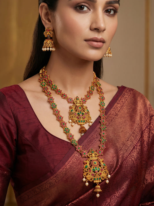 Aadita Antique Gold Temple Dual Floral Chain Necklace Set With Stones Pearl Drops And Jhumka Earrings