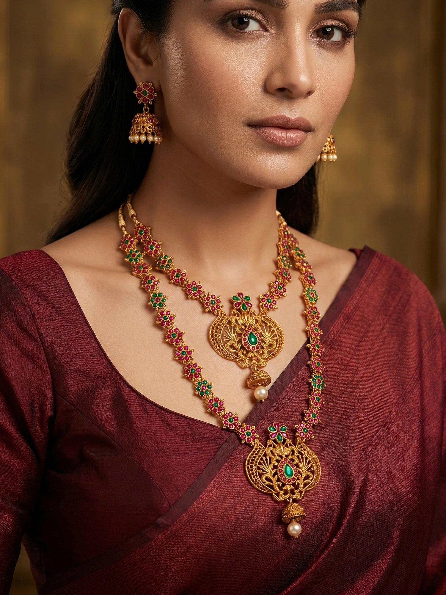 Aadita Antique Gold Floral Temple Haram Dual Necklace Set with Peacock Pendant, Stones and Jhumka Earrings