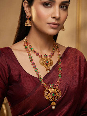 Aadita Antique Gold Floral Temple Haram Dual Necklace Set with Peacock Pendant, Stones and Jhumka Earrings