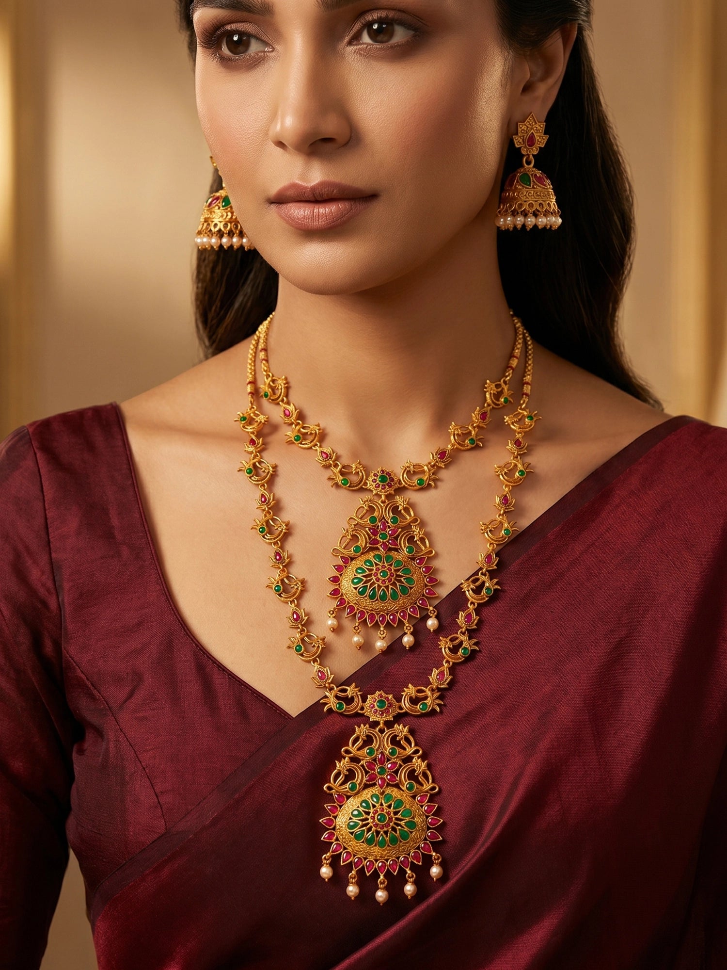 Aadita Gold-Tone Peacock Double Layer Haram Necklace Set with Emerald Stones and Jhumka Earrings