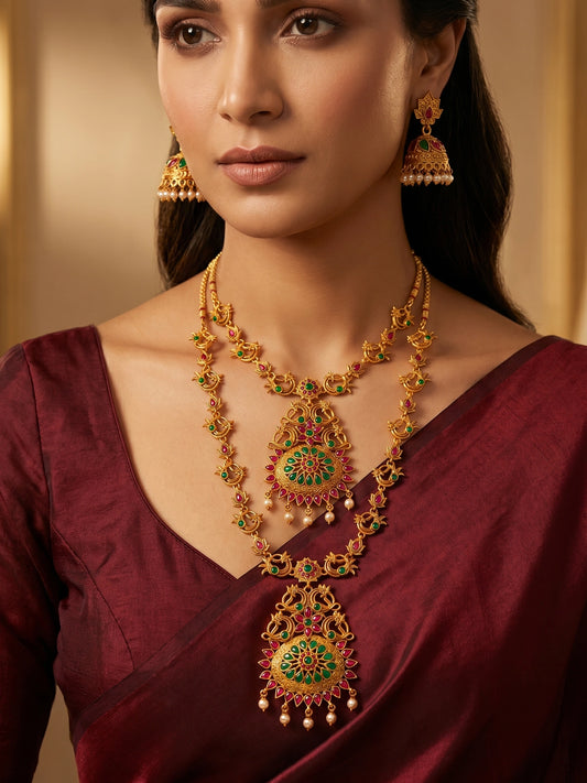 Aadita Gold-Tone Peacock Double Layer Haram Necklace Set with Emerald Stones and Jhumka Earrings