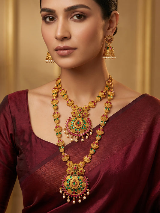 Aadita Antique Gold Short & Long Haram Dual Necklace Set with Pendant and Jhumka Earrings