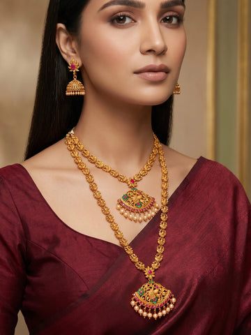Aadita Gold-Plated Temple Stones And Pearl Drops Haram Dual Necklace Set With Jhumka Earrings