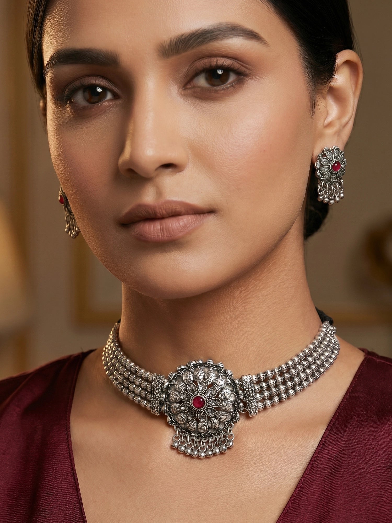 Aadita Silver-Tone Oxidized Floral Choker Necklace Set with Stone and Dangler Earrings
