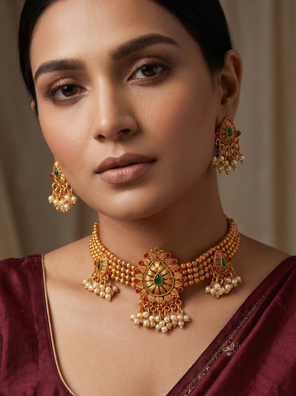 Aadita Antique Gold Choker Necklace Set with Multi-Bead, Stones and Pearl Cluster Drops with Earrings