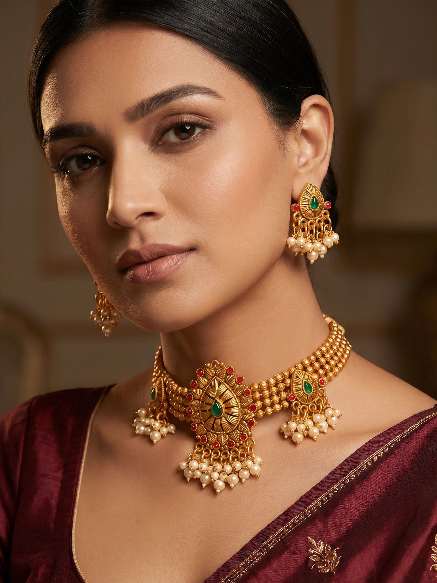 Aadita Antique Gold Choker Necklace Set with Multi-Bead, Stones and Pearl Cluster Drops with Earrings