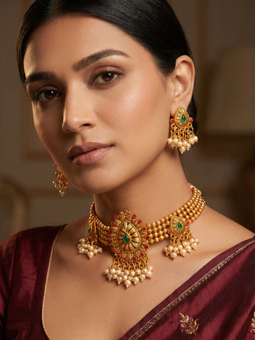 Aadita Antique Gold Choker Necklace Set with Multi-Bead, Stones and Pearl Cluster Drops with Earrings