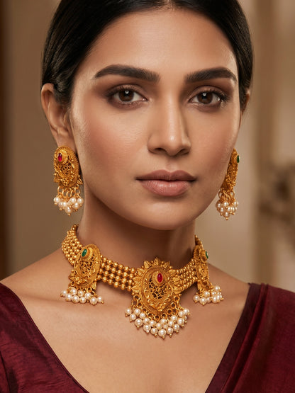 Aadita Gold-Tone Choker Necklace Set with Pearl Drops, Emerald Stones and Chandelier Earrings