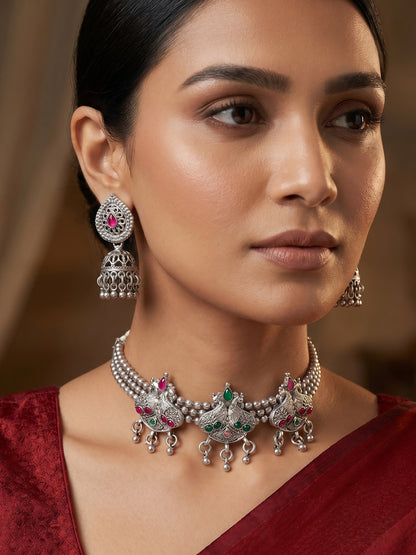 Aadita Navratri Ethnic Silver Oxidized Necklace Jewellery Set with Jhumka Earrings