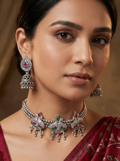 Aadita Navratri Ethnic Silver Oxidized Necklace Jewellery Set with Jhumka Earrings