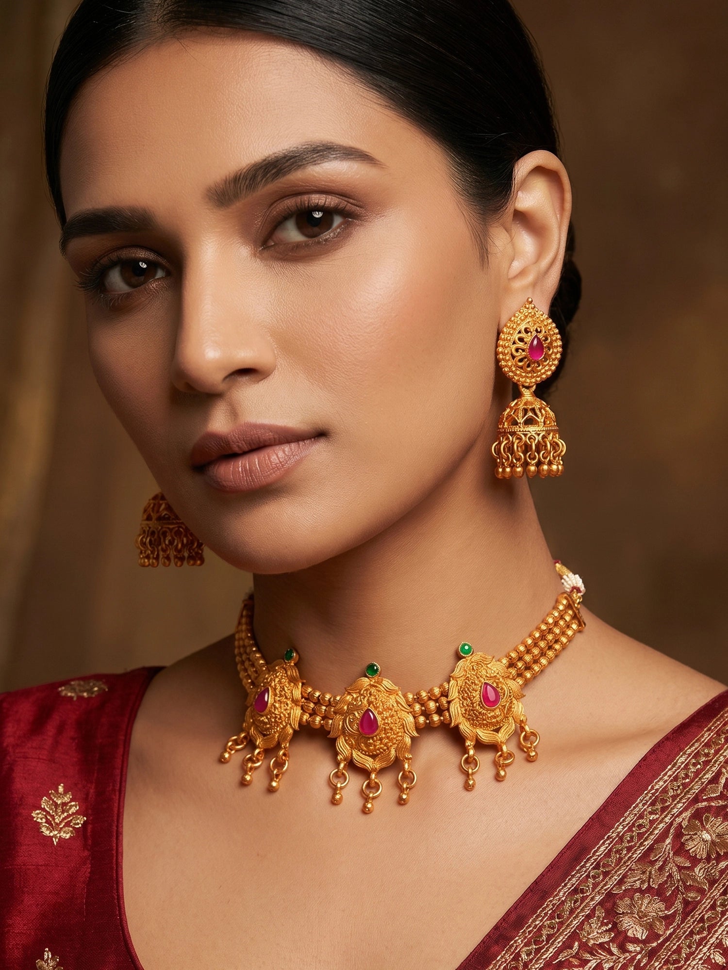 Aadita Antique Gold Motif Choker Necklace Set with Stones, Bead Chain and Jhumka Earrings