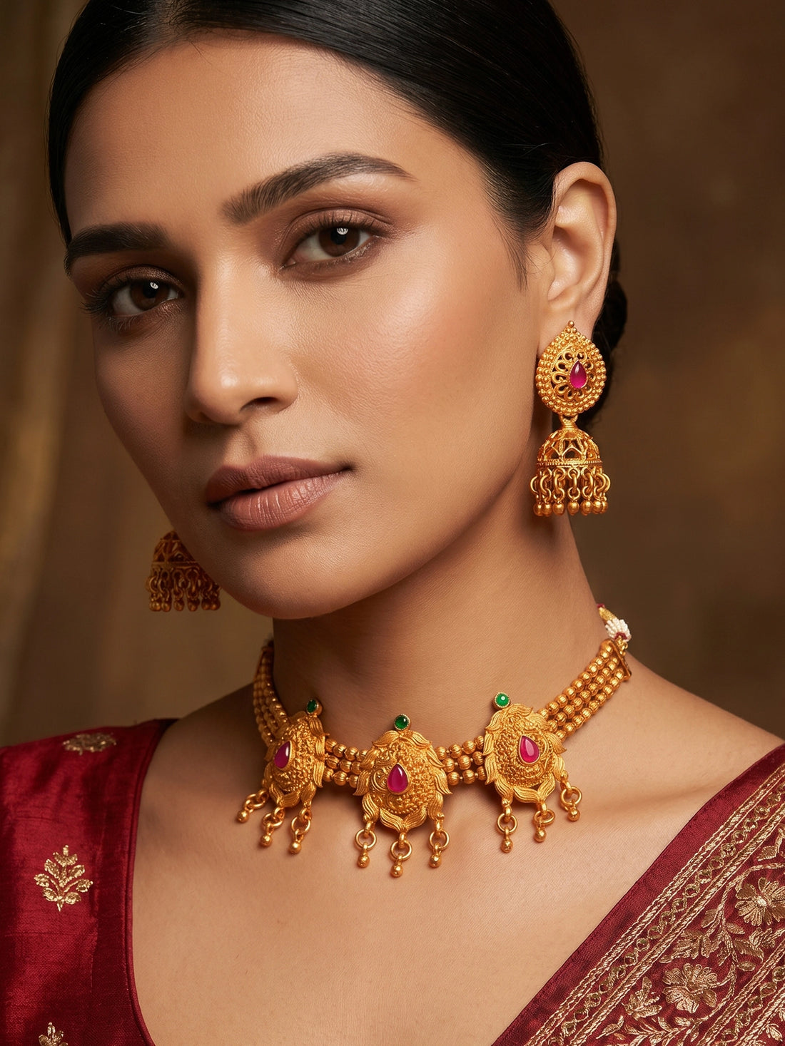 Aadita Antique Gold Motif Choker Necklace Set with Stones, Bead Chain and Jhumka Earrings