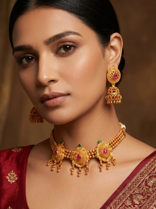 Aadita Antique Gold Motif Choker Necklace Set with Stones, Bead Chain and Jhumka Earrings
