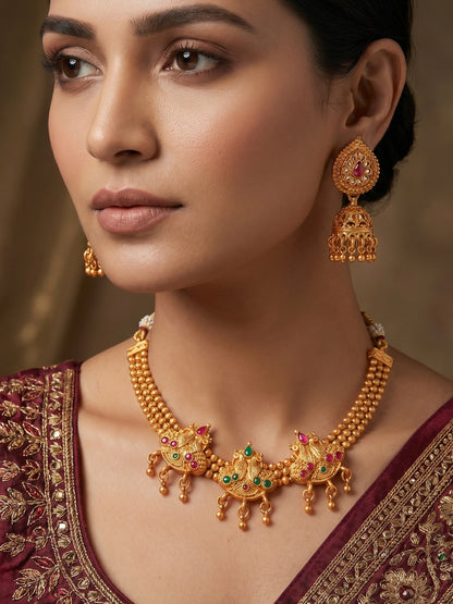 Aadita Antique Gold Temple Choker Necklace Set with Stones, Bead Chain and Jhumka Earrings