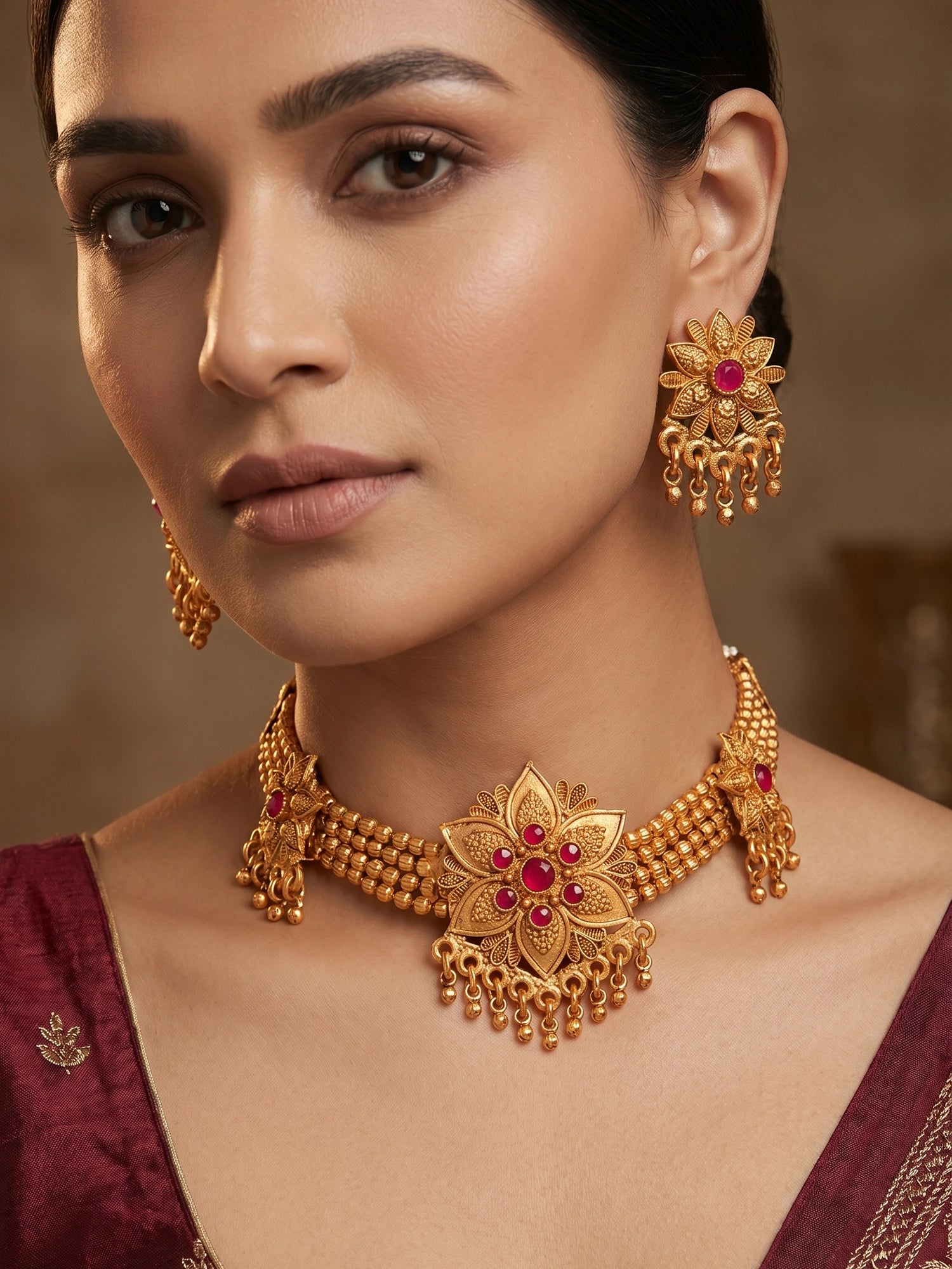 Aadita Antique Gold Tone Red Stone & Beads Choker Necklace Set with Earrings