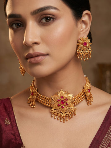 Aadita Antique Gold Tone Red Stone & Beads Choker Necklace Set with Earrings