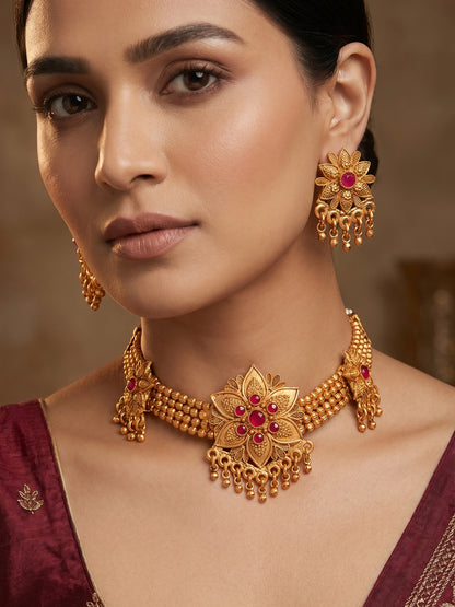 Aadita Antique Gold Tone Red Stone & Beads Choker Necklace Set with Earrings