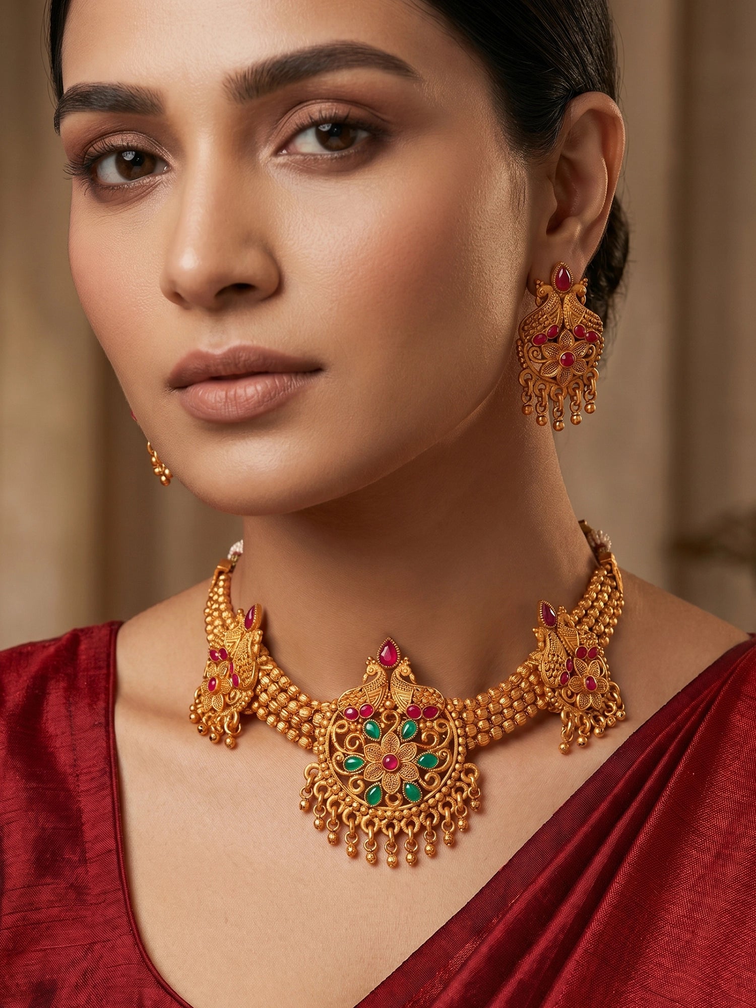 Aadita Gold-Tone Floral Choker Necklace Set with Emerald Stones and Chandelier Earrings