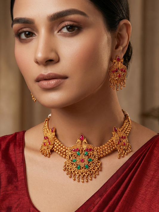 Aadita Gold-Tone Floral Choker Necklace Set with Emerald Stones and Chandelier Earrings