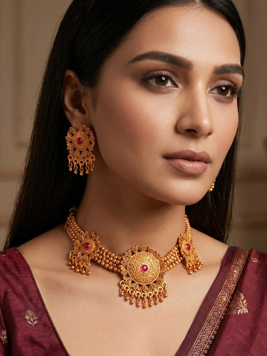 Aadita Antique Gold Circular Floral Choker Necklace Set with Stone and Matching Stud Earrings