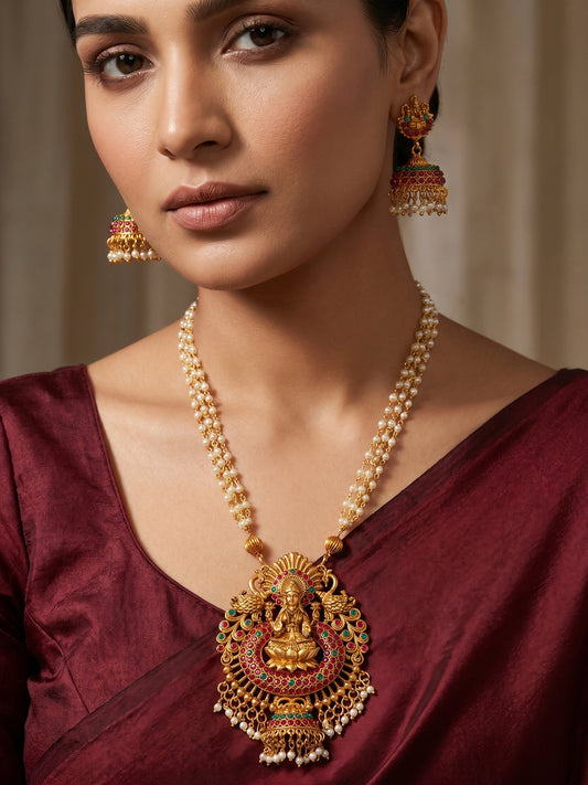 Aadita Antique Gold Lakshmi Long Temple Necklace Set with Stones, Pearl Chain and Jhumka Earrings