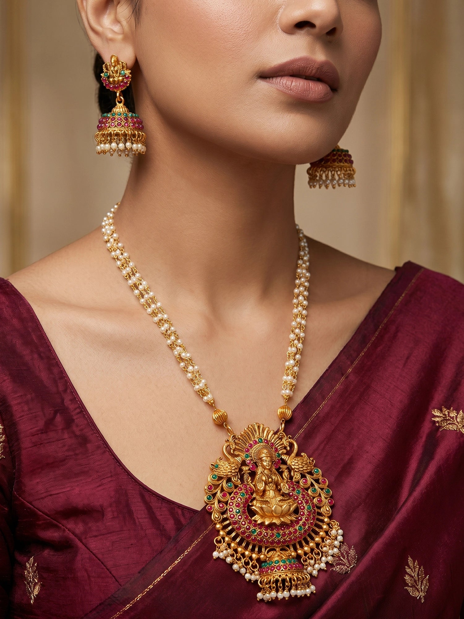 Aadita Antique Gold Lakshmi Long Temple Necklace Set with Stones, Pearl Chain and Jhumka Earrings