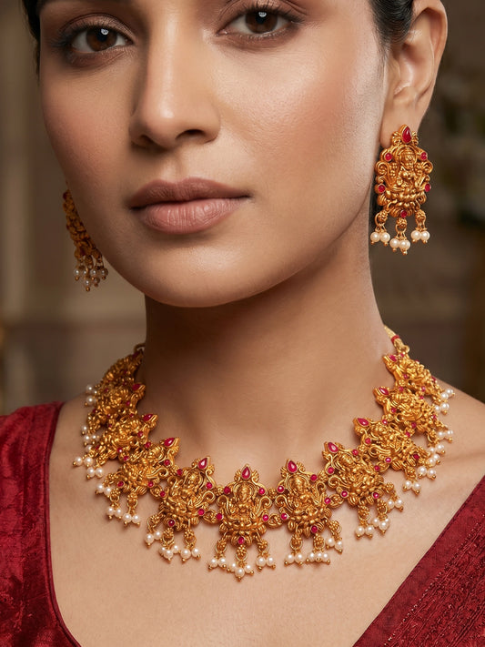 Aadita Antique Gold Lakshmi Temple Choker Necklace Set with Matching Stud Earrings