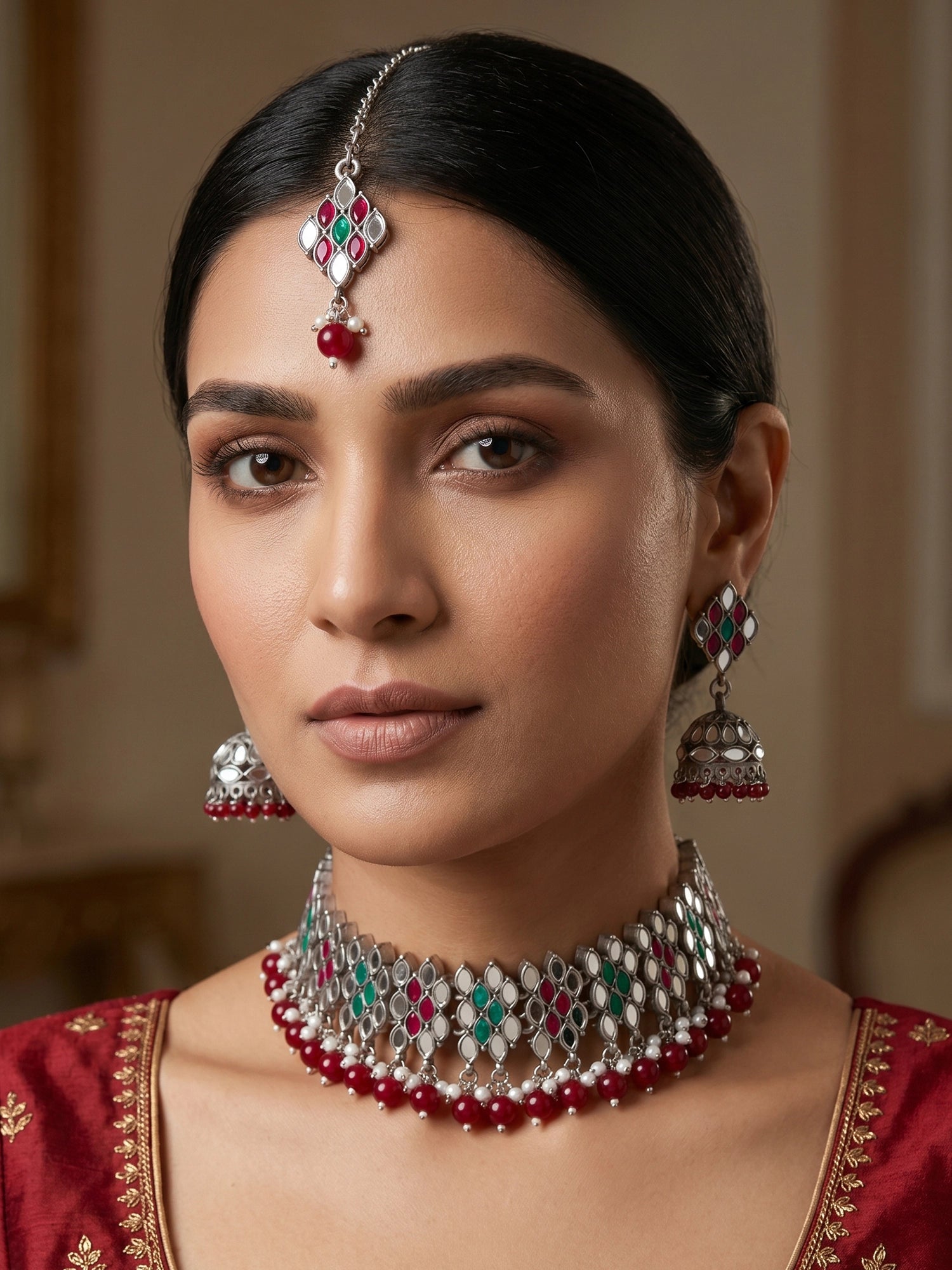 Aadita Oxidized Silver Choker Necklace Set For Navratri With Stones, Pearl Drops, Jhumka Earrings and Maang Tikka