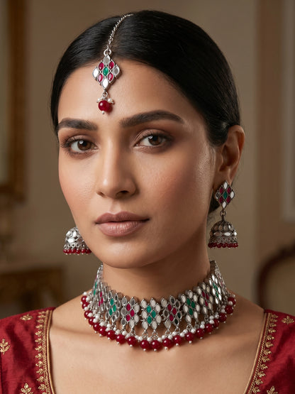 Aadita Oxidized Silver Choker Necklace Set For Navratri With Stones, Pearl Drops, Jhumka Earrings and Maang Tikka