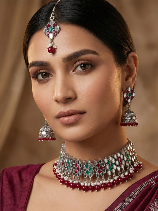 Aadita Oxidized Silver Choker Necklace Set For Navratri With Stones, Pearl Drops, Jhumka Earrings and Maang Tikka