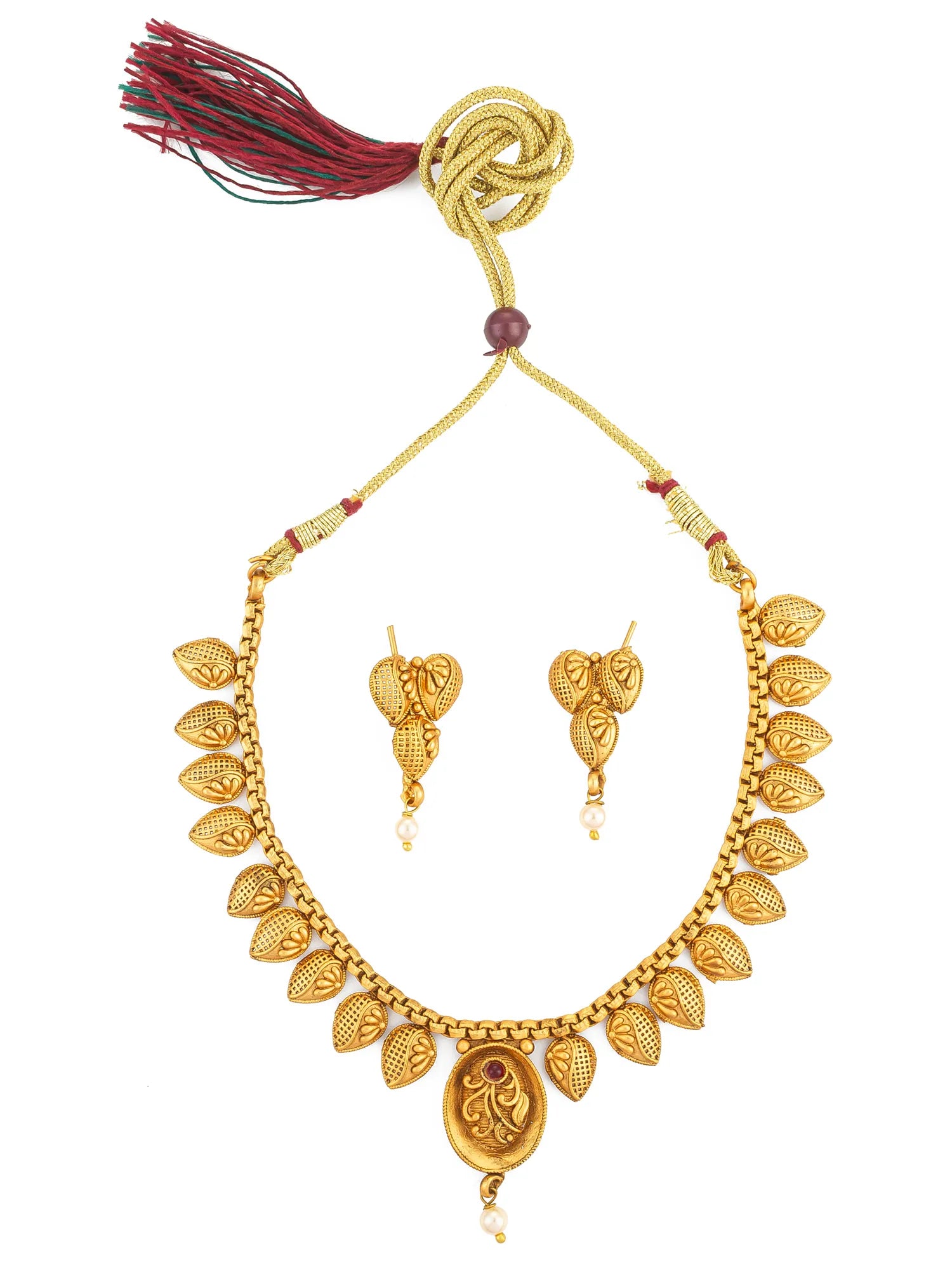 Gold necklace set with tassel on a white background