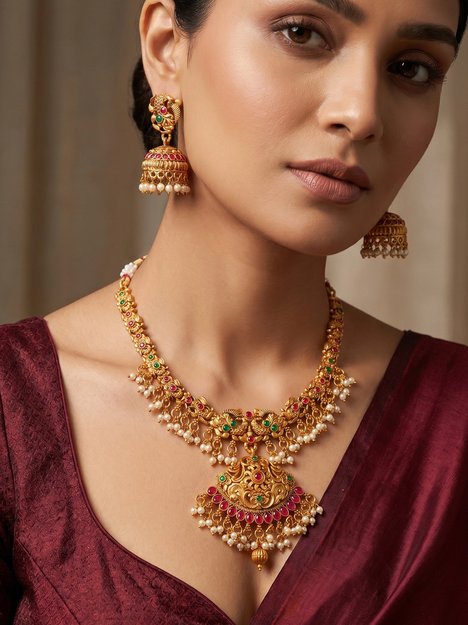 Aadita Antique Gold Temple Necklace Set with Elephant Motif Chain, Stones and Pearl Drops With Earrings