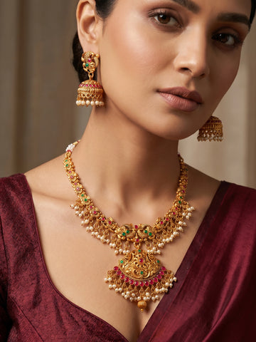 Aadita Antique Gold Temple Necklace Set with Elephant Motif Chain, Stones and Pearl Drops With Earrings