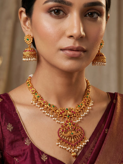 Aadita Gold-Tone Peacock Necklace Set with Emerald Stones and Jhumka Earrings