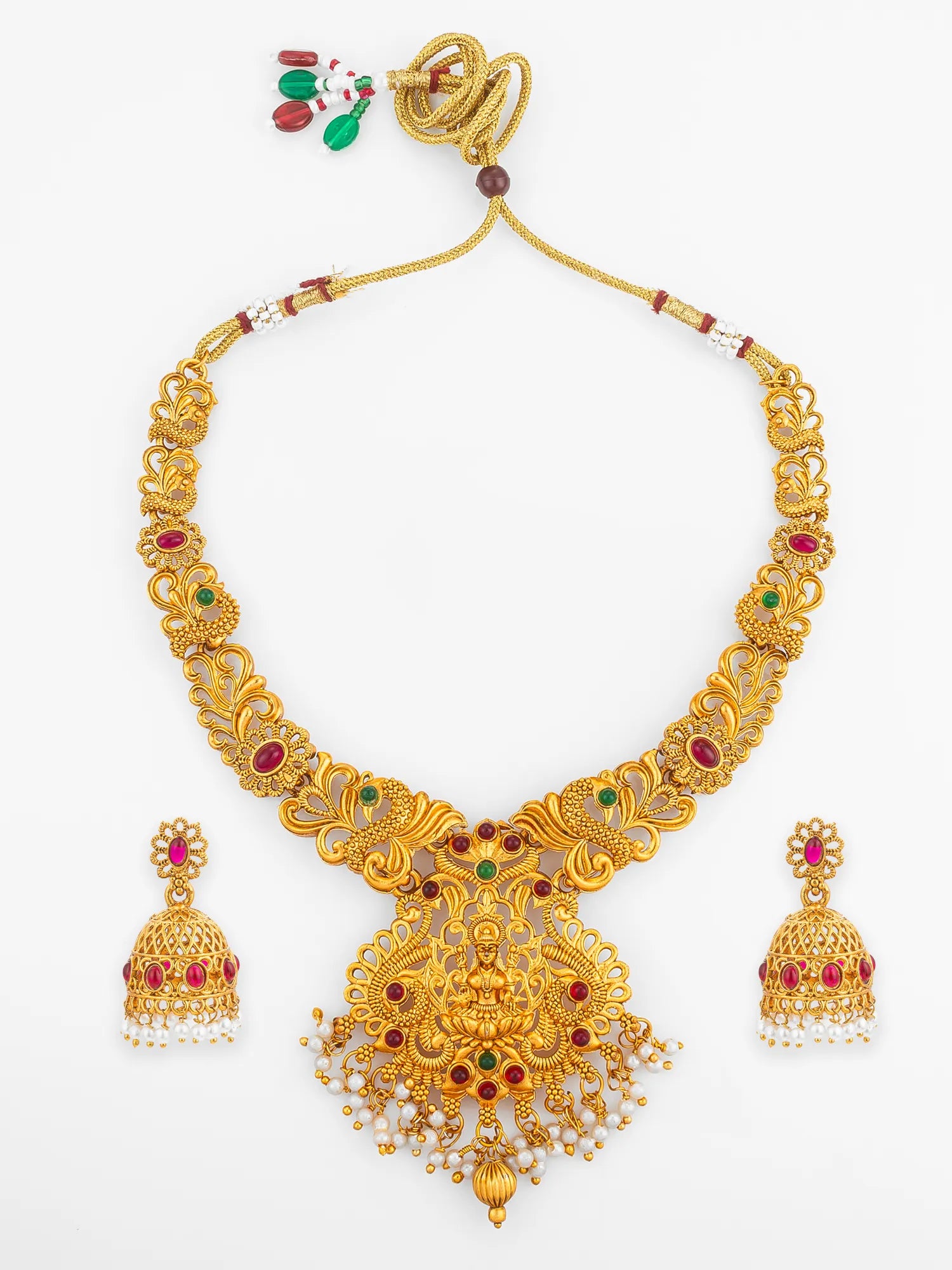 Gold Plated Goddess Lakshmi Temple Necklace Set with Jhumka Earrings