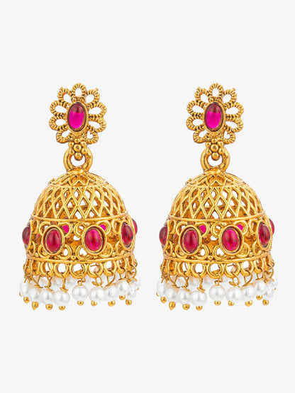 Gold Plated Goddess Lakshmi Temple Necklace Set with Jhumka Earrings