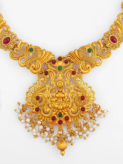 Gold Plated Goddess Lakshmi Temple Necklace Set with Jhumka Earrings