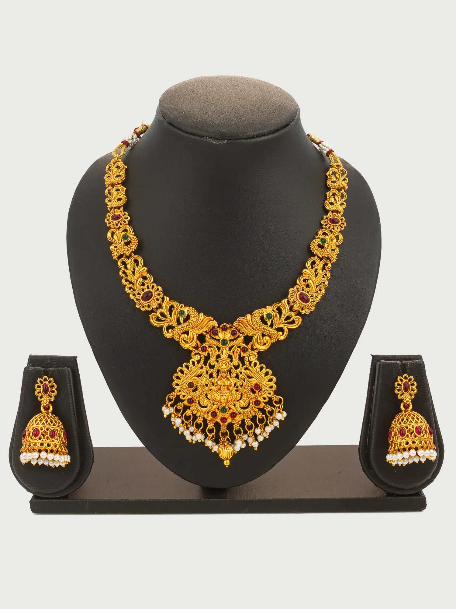 Gold Plated Goddess Lakshmi Temple Necklace Set with Jhumka Earrings