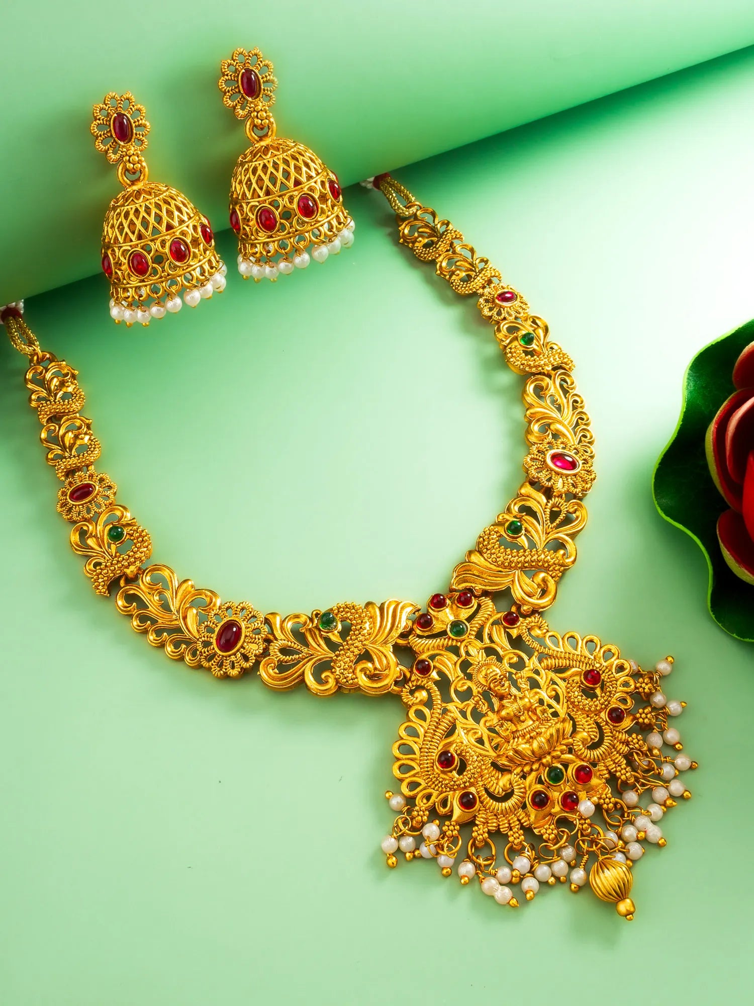 Gold Plated Goddess Lakshmi Temple Necklace Set with Jhumka Earrings