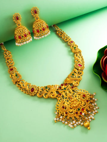 Gold Plated Goddess Lakshmi Temple Necklace Set with Jhumka Earrings