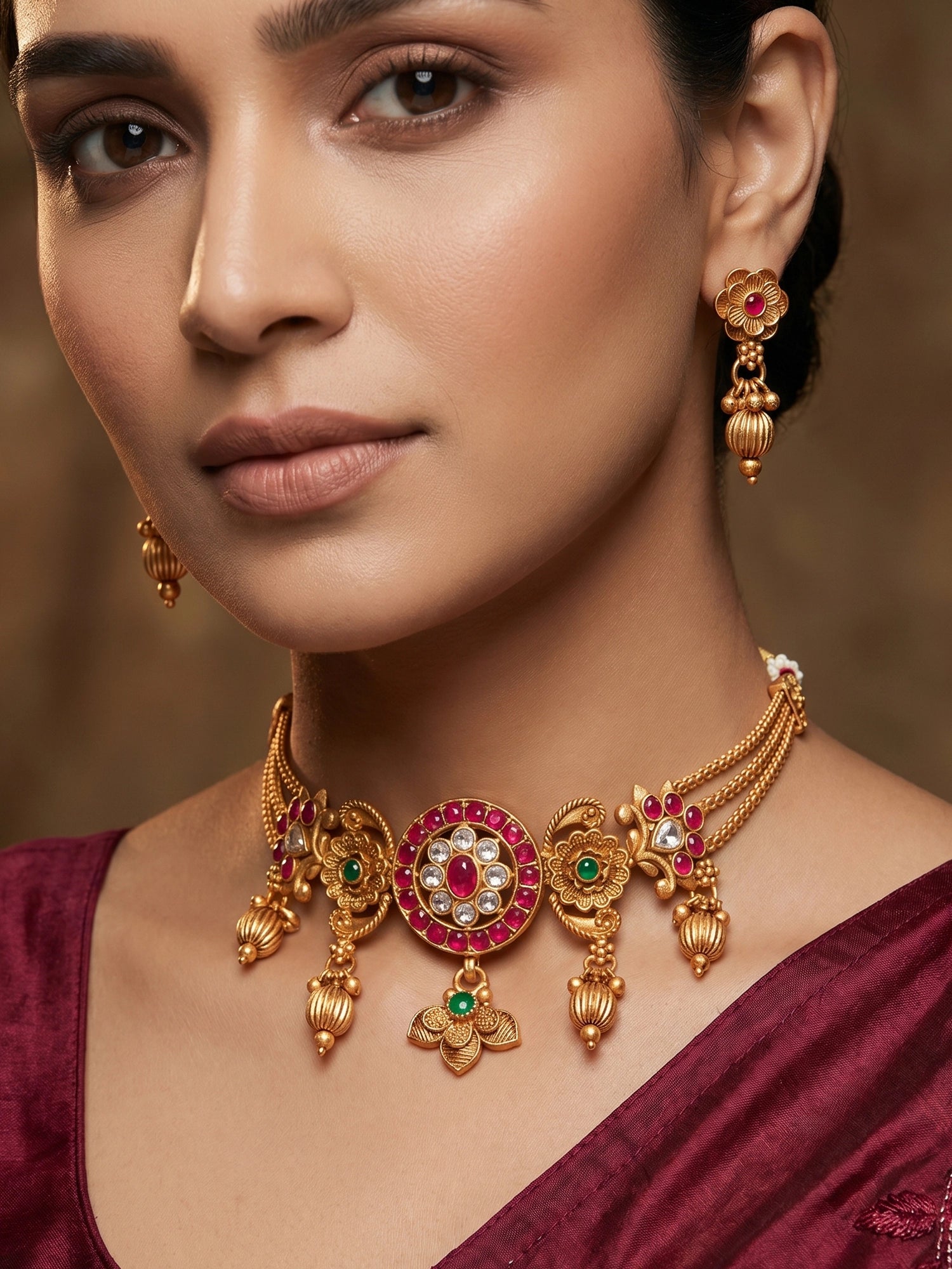 Aadita Antique Gold Kundan Choker Necklace Set with Stones and Dangle Earrings