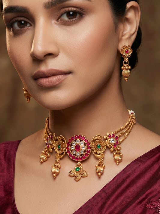 Aadita Antique Gold Kundan Choker Necklace Set with Stones and Dangle Earrings