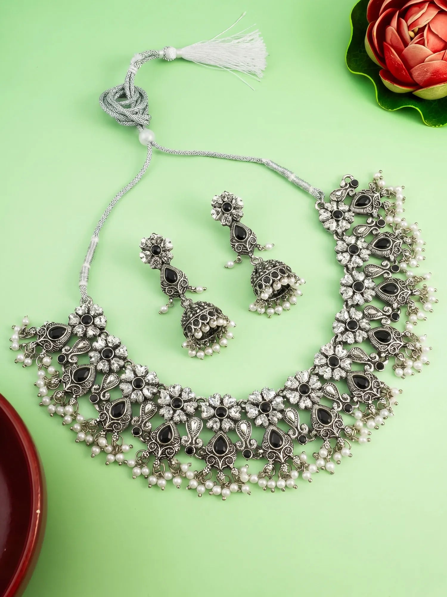 Oxidized Silver Plated Floral Choker Necklace Set with Jhumka Earrings