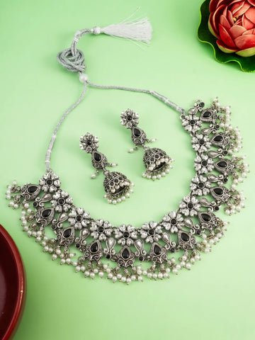 Oxidized Silver Plated Floral Choker Necklace Set with Jhumka Earrings