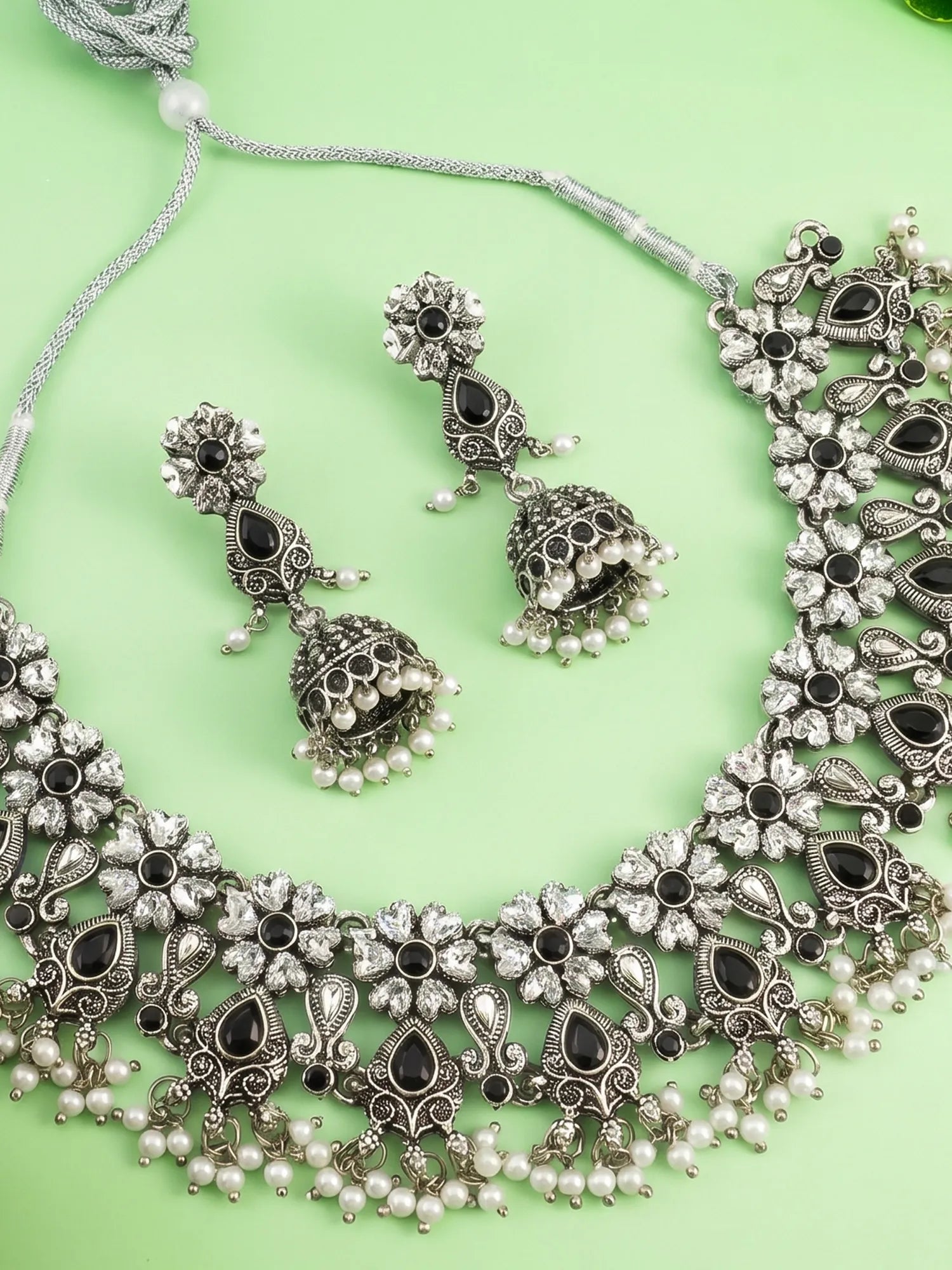 Oxidized Silver Plated Floral Choker Necklace Set with Jhumka Earrings