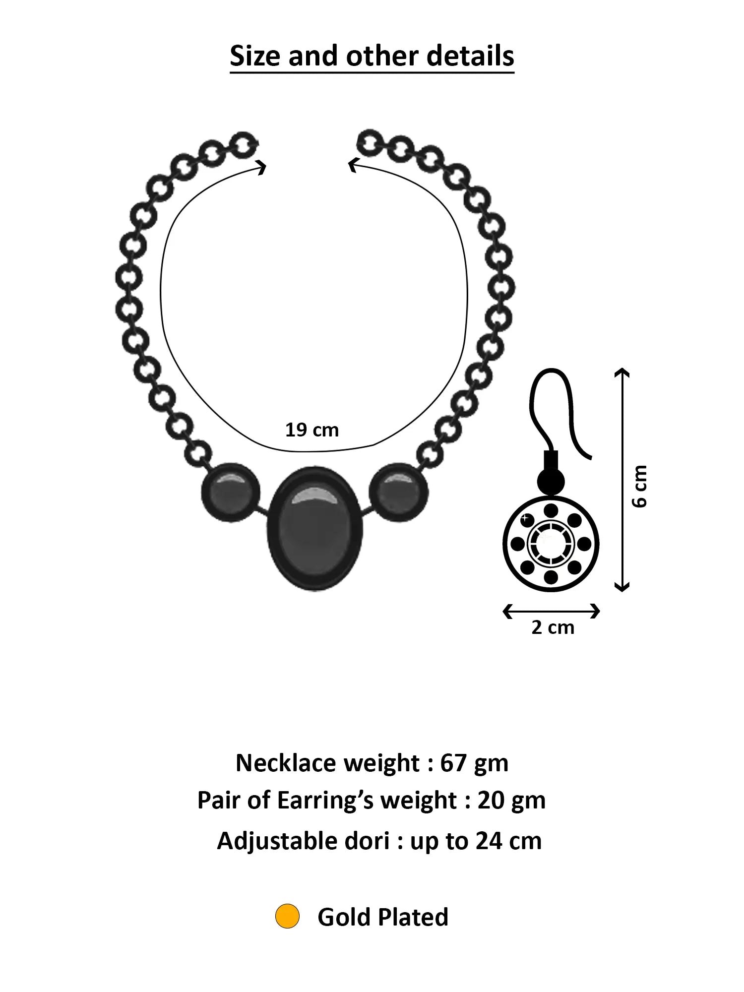Measurement chart for a necklace and earrings with dimensions and weight details.
