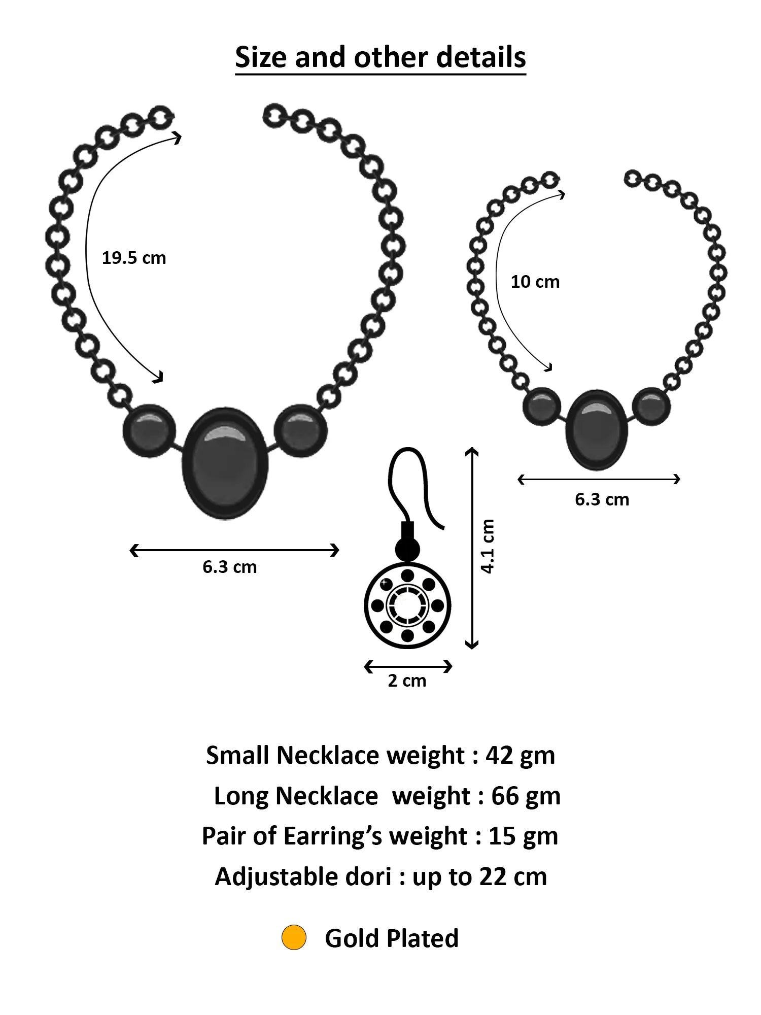 Measurement chart for a necklace and earrings with dimensions and weight details.
