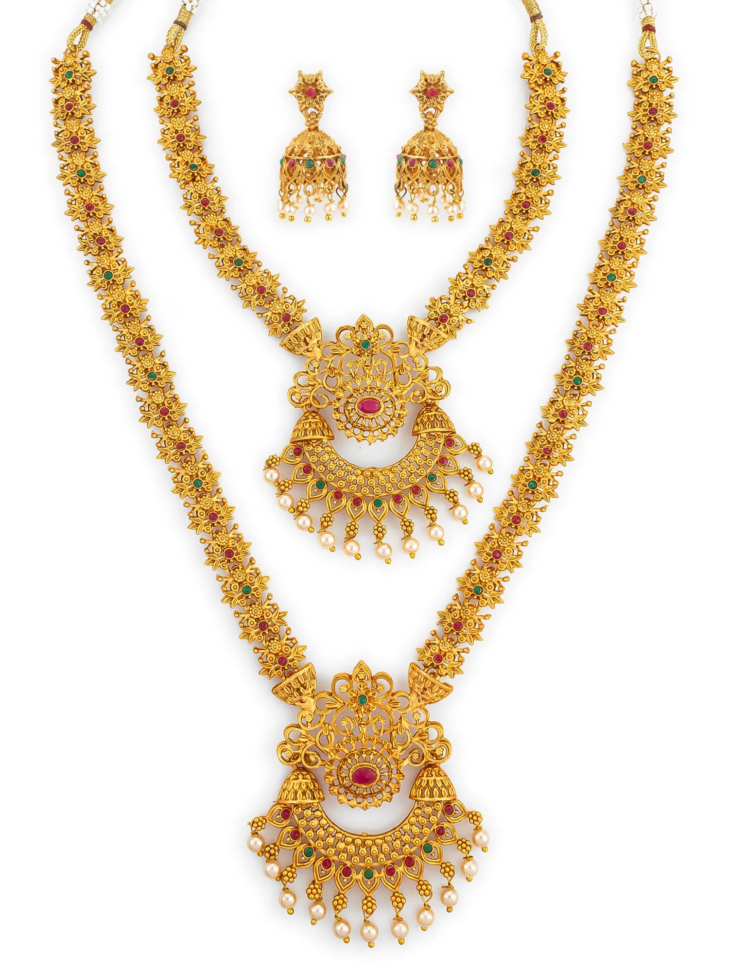 Gold necklace set with matching earrings on a white background