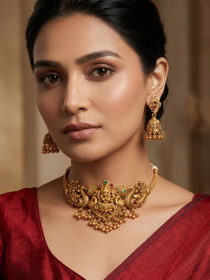 Aadita Antique Gold Lakshmi Temple Choker Necklace Set with Jhumka Earrings