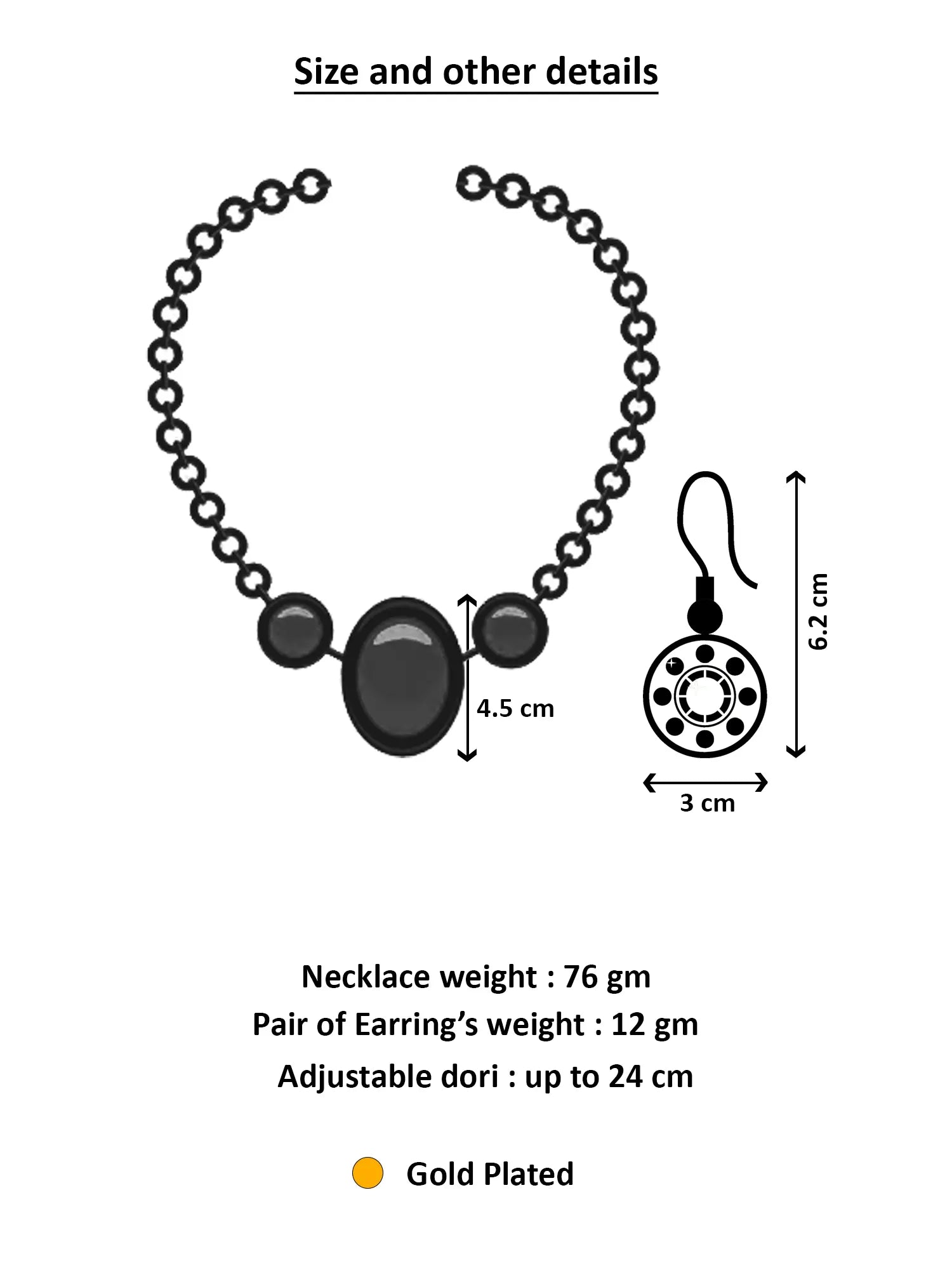 Measurement chart for a necklace and earrings with dimensions and weight details.